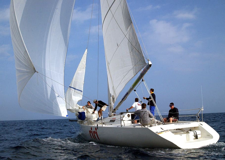 group, people, white, boat, sailing, jib, sail, spinnaker, raising, water