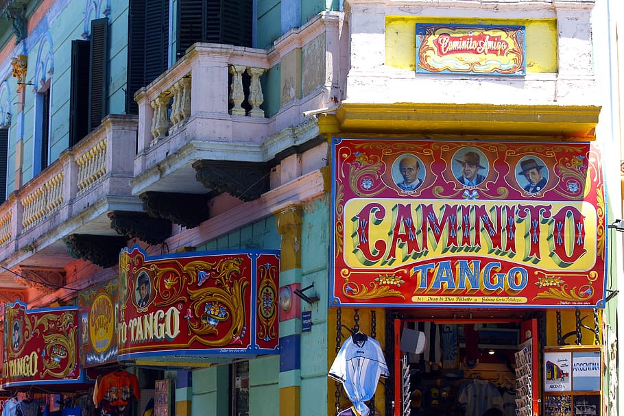 rojo, amarillo, letrero de tango caminito, caminito, fachada, buenos aires, argentina, colorido, edificio, colores