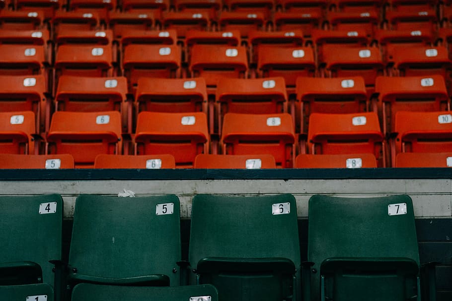 verde, vermelho, monte de cadeira, assento, número, audiência, cinema, cadeira, estádio, ninguém