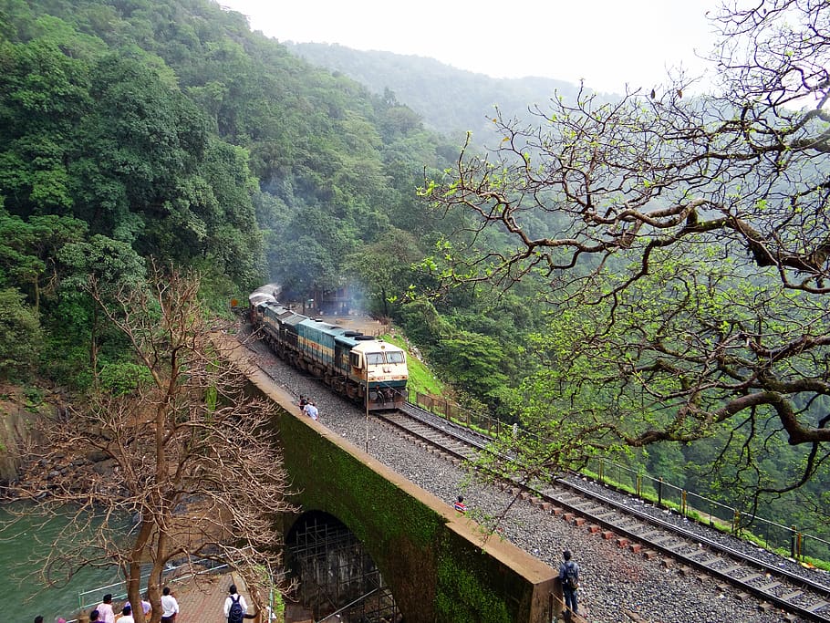 rail track, locomotive, railroad, railway bridge, mountain, western ghats, india, sahyadri, forests, transportation