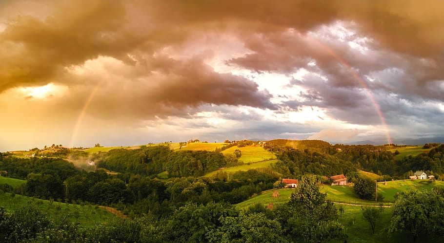 aerial, photography, forest, rainbow, weather, sky, clouds, panorama, hills, landscape