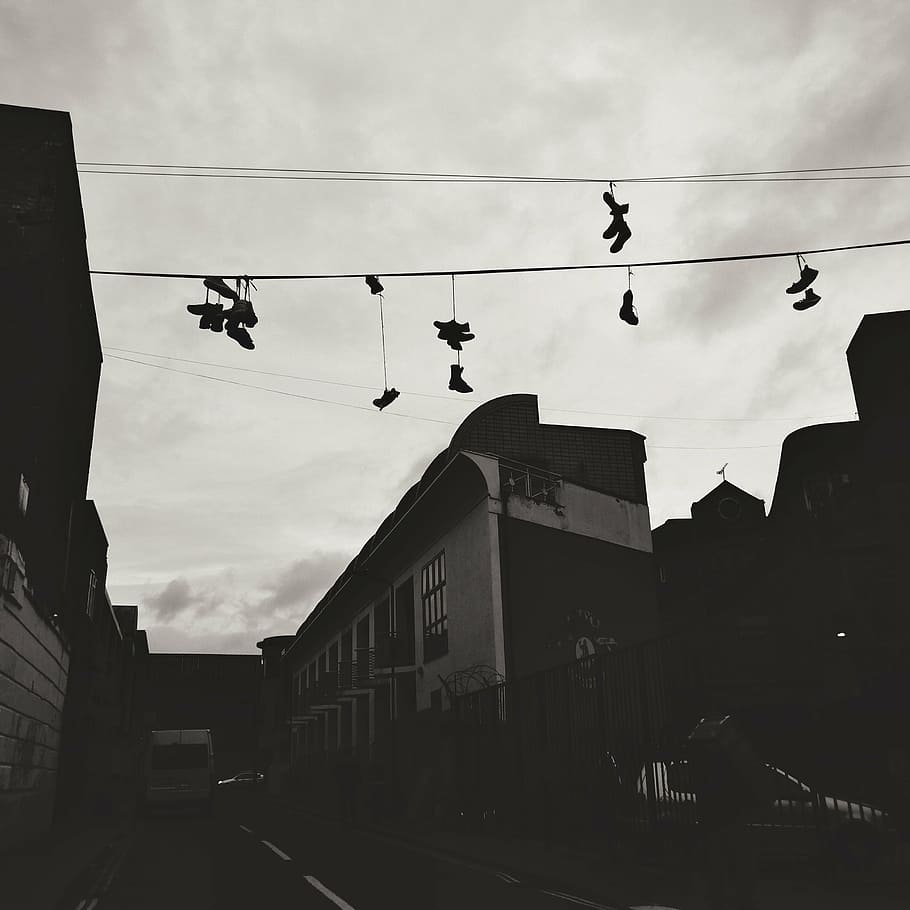 shoes, trainers, building, london, urban, street, england, camden, sky, architecture