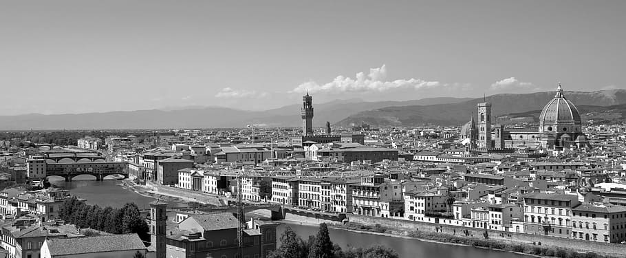 florence, firenze, tuscany, skyline, panorama, arno river, black and white, architecture, building exterior, built structure