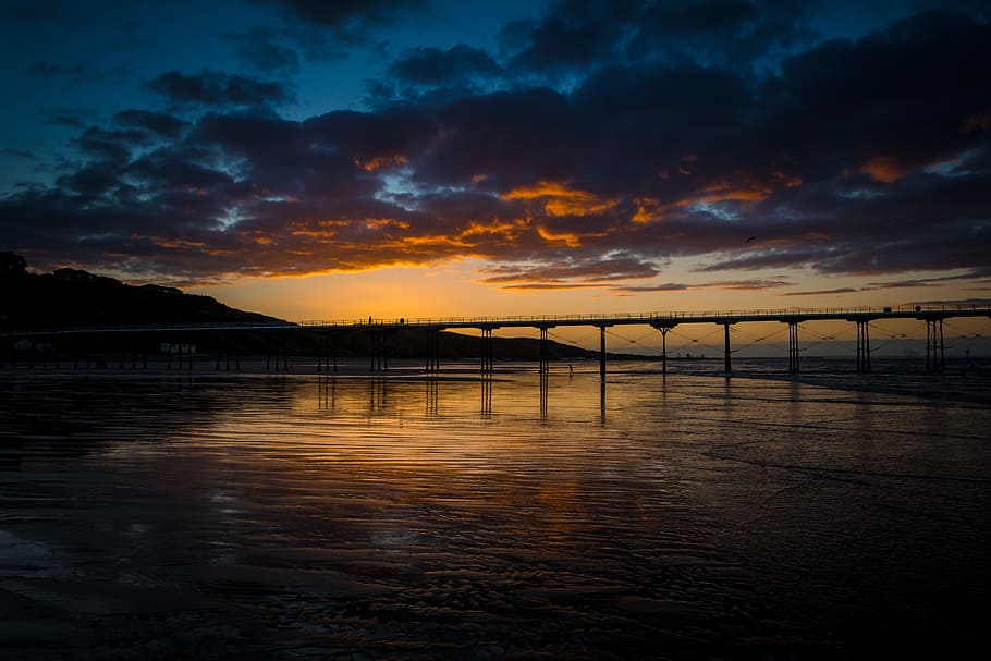 gray, bridge, calm, water, black, sky, pier, saltburn, saltburn by the sea, yorkshire
