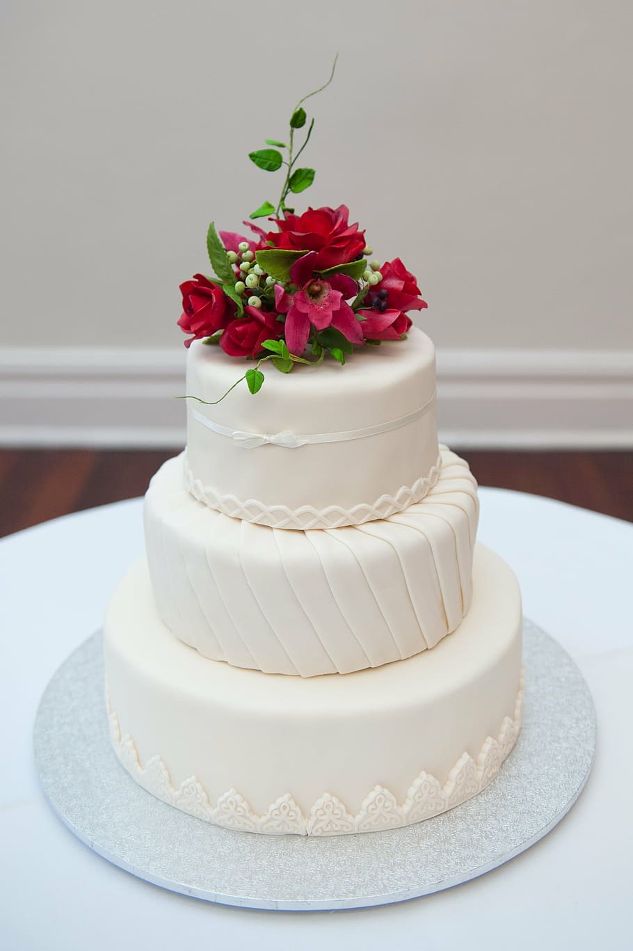 3-tier, 3- tier cake, pink, petaled flowers, top, wedding cake, wedding, cake, sweet, white