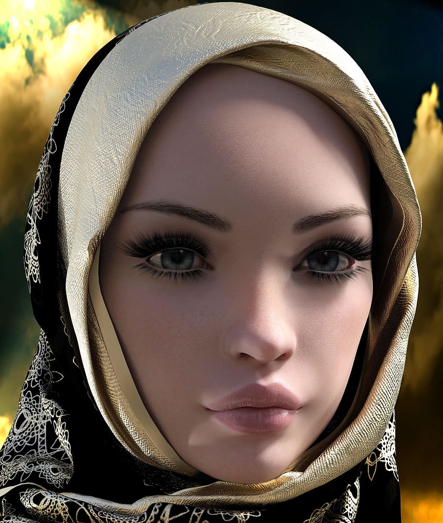 woman, headscarf, hijab, portrait, head, face, eyes, female, young woman, beautiful