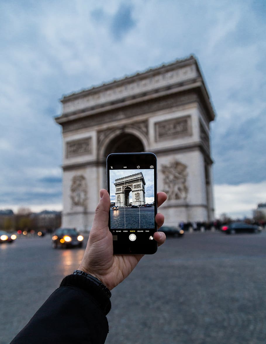 Arc, De, Triomphe, París, persona, tenencia, negro, iPhone, toma, foto
