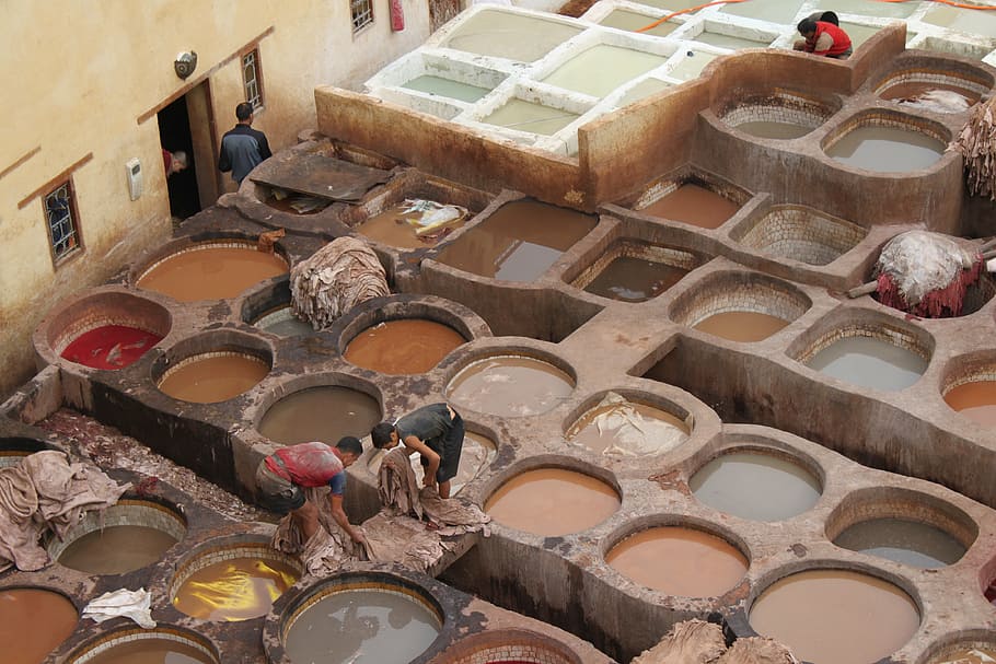 tannery, morocco, skins, indoors, dye, variation, high angle view, large group of objects, container, day