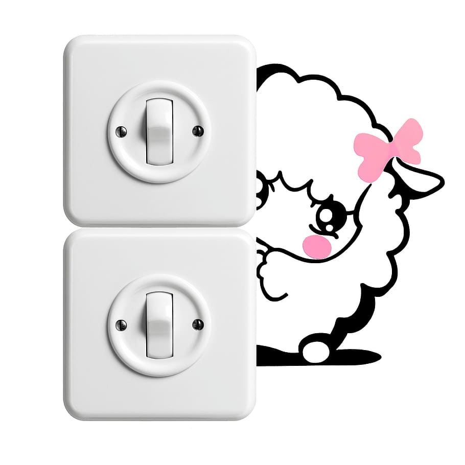 dois, branco, interruptores, adesivo, ovelha, olá, interruptor de luz, engraçado, dentro de casa, close-up