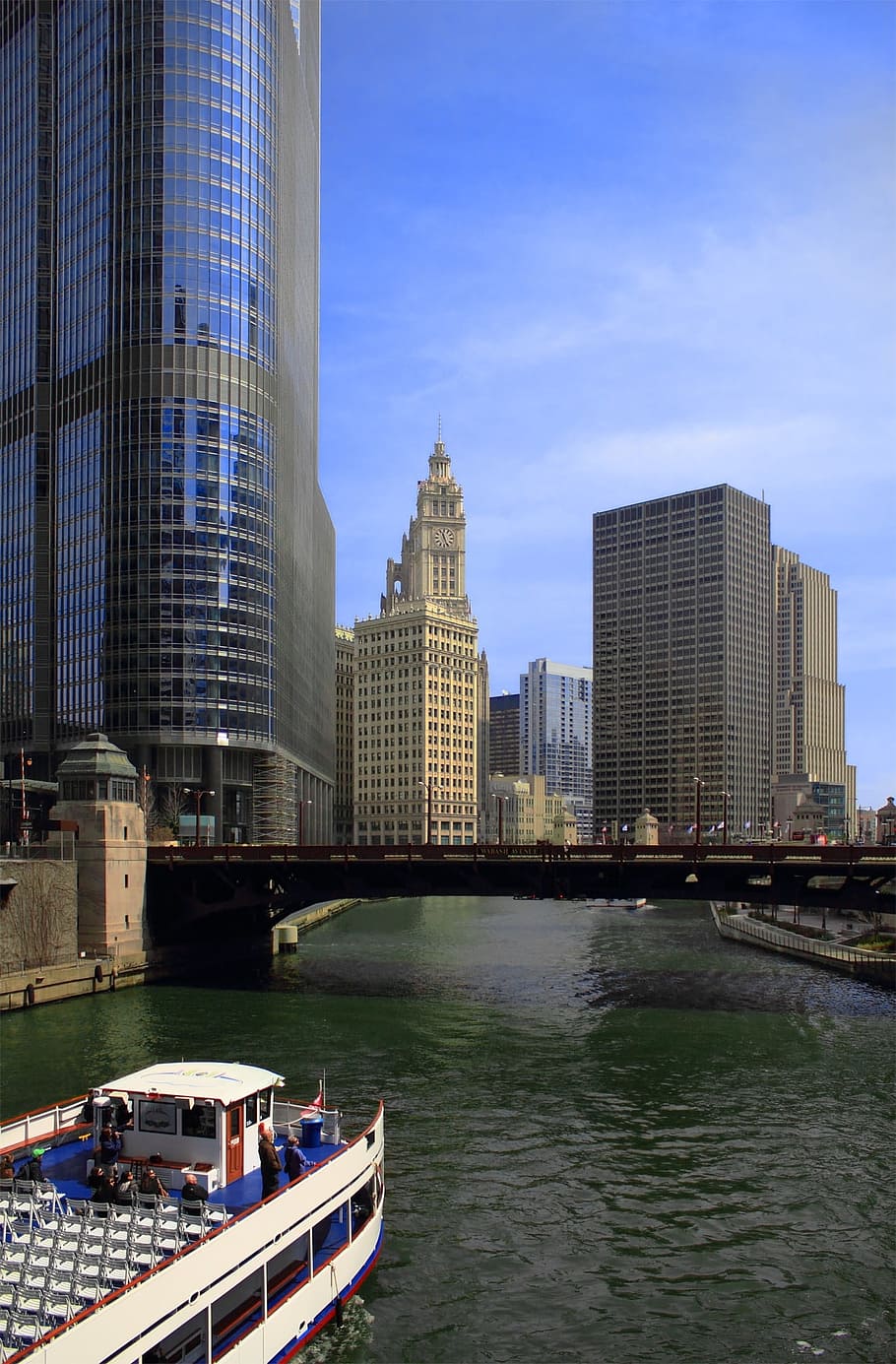 chicago, perahu sungai, pelayaran, sungai, pusat kota, kota, kaki langit, midwest, vertikal, arsitektur