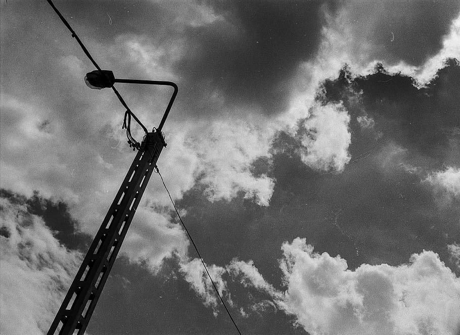 clouds, pylon, black and white, sky, electricity, voltage, cable, power, energy, high
