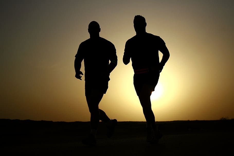 silhouette, two, men, runners, silhouettes, athletes, fitness, healthy, sunset, dusk
