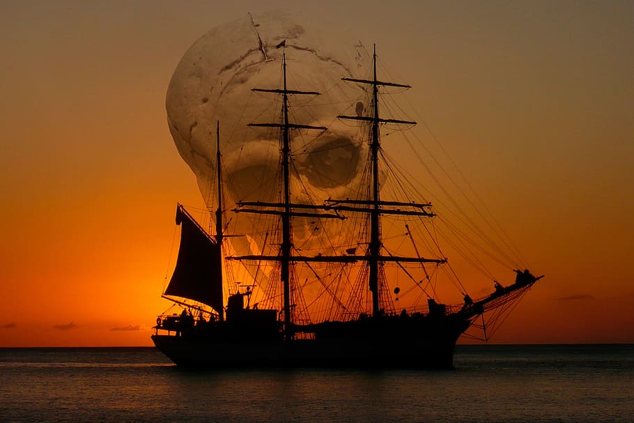 ship, mar, pirate, skeleton, boat, beach, vessel, salt, trip, sky