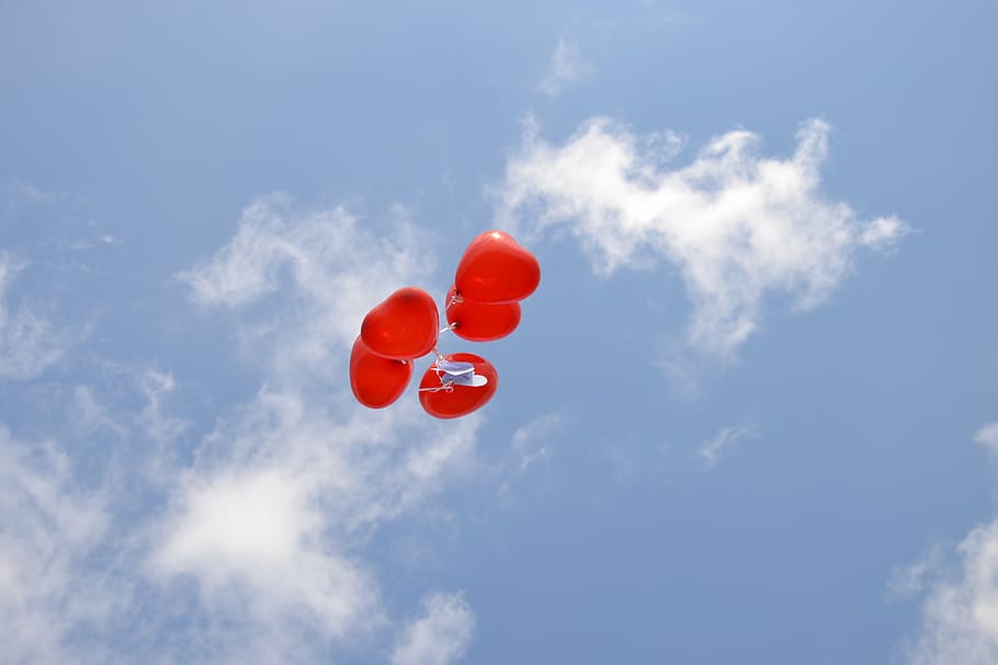 red, balloons, sky, blue sky, red balloons, blue, heart, balloon, celebration, heart shaped