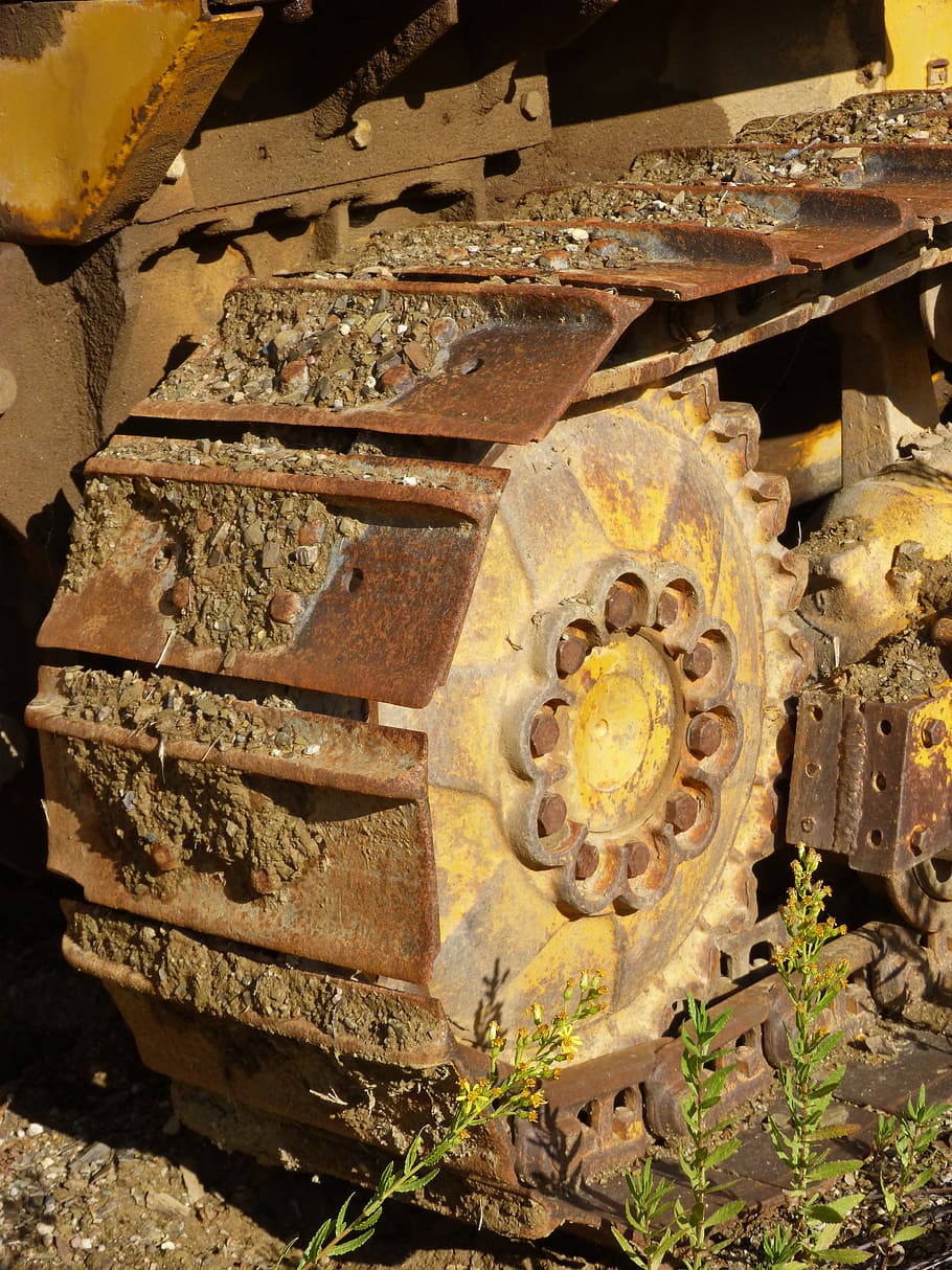 Machinery, Retro, Backhoe, Excavator, caterpillar, old, rusty, abandoned, antique, close-up