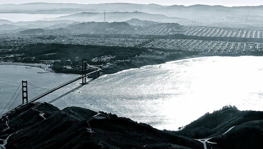 aerial, golden, gate bridge, san francisco, california, photography, city, bridge, sea, black and white