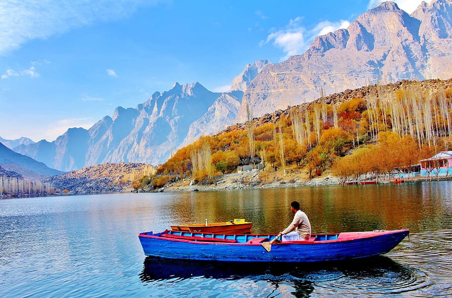 man, boat, floating, body, water, Tree, Lake, Pakistan, Nature, Landscape