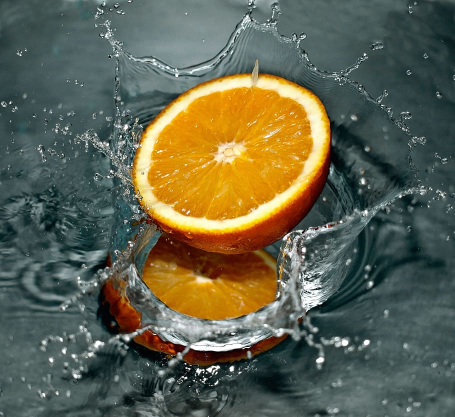 sliced, orange, dew, falling, water, splash, fresh, fruit, food and drink, food