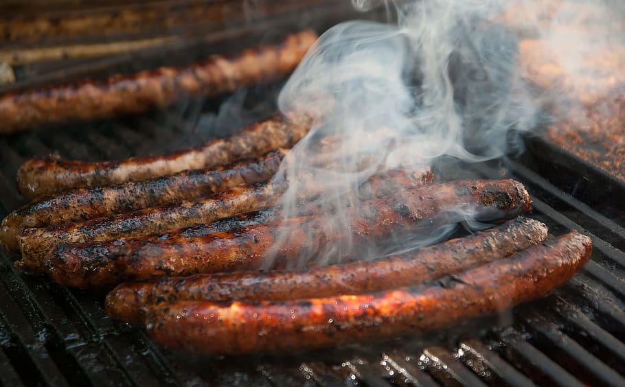 grilled, sausages, gray, grill, barbecue, grilling, merguez, smoke, meat, food and drink