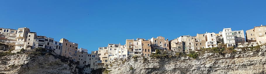 houses, edge, mountain, Wallpaper, Dual Screen, Corsica, bonifacio, cliff, abyss, sea