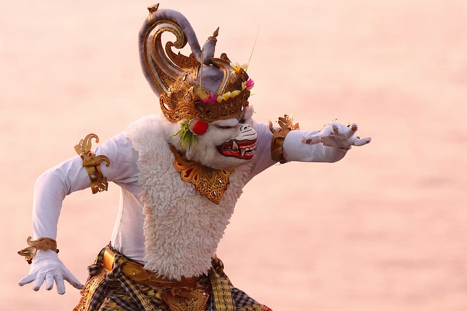 person, wearing, white, brown, costume, headdress, bali, monkey, hanuman, indonesia