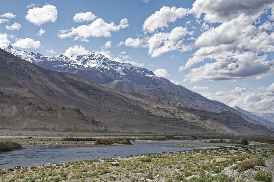 tajiquistão, província de mountain-badakhshan, pamir, montanhas altas, vale pandsch, rio pansch, rio, água, paisagem, natureza