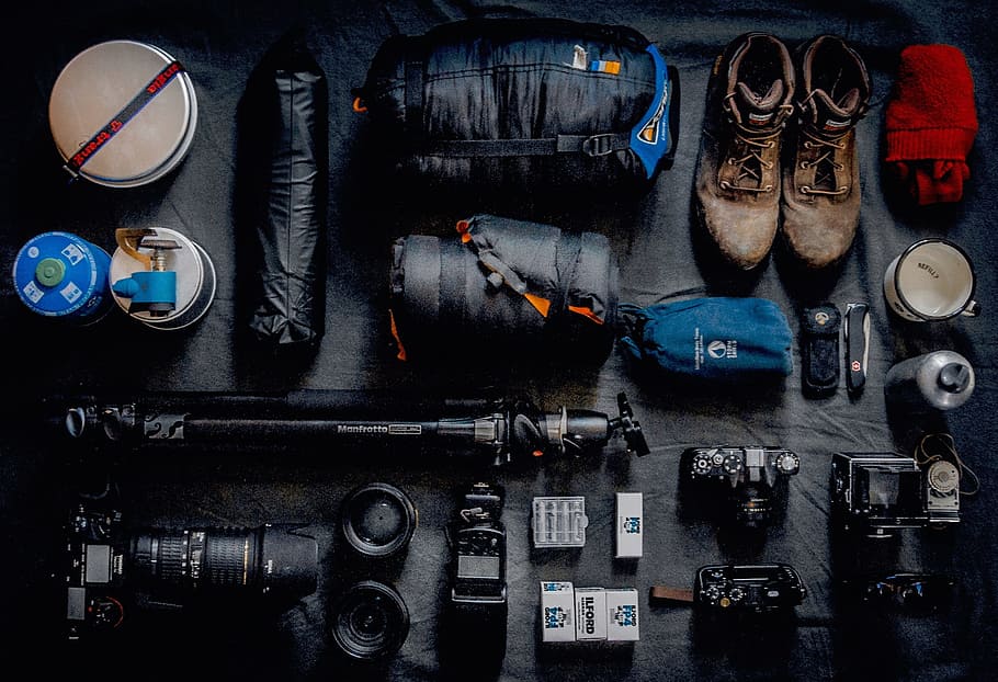 lifestyle, travel, equipment, cameras, kit, lenses, tripods, gears, directly above, indoors