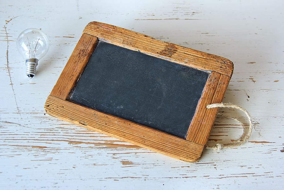 brown, wooden, photo frame, bulb, school, old, plate, learning, old school, learn
