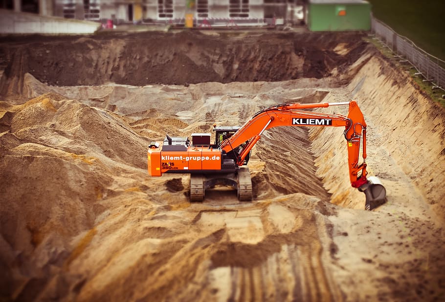 orange, gray, kliemt excavator, excavators, site, construction work, work, build, construction vehicle, new building