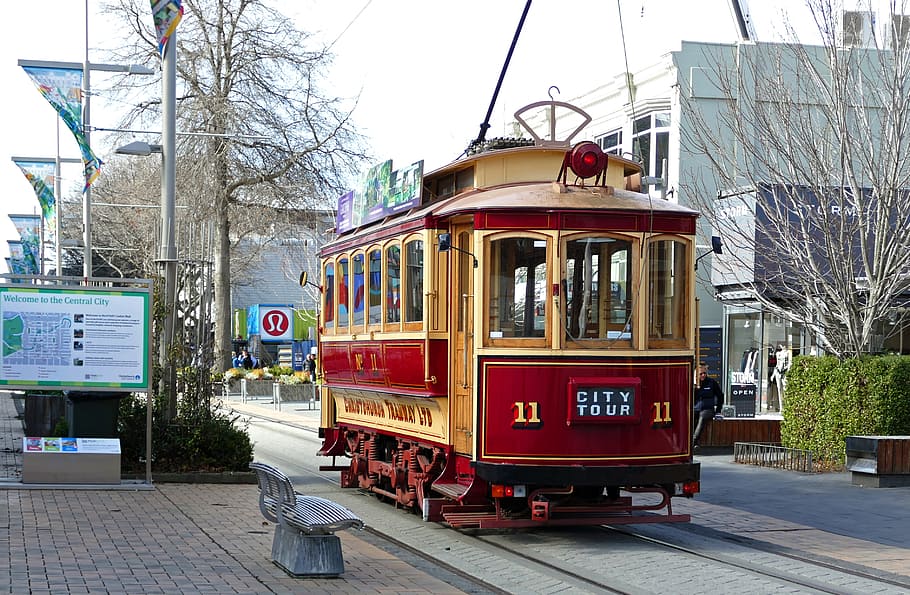 Tram 11, Boxcar, Christchurch, yellow and red train, public transportation, cable car, mode of transportation, transportation, rail transportation, railroad track