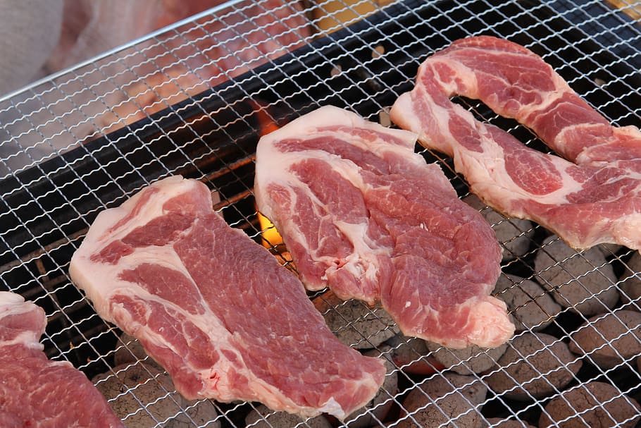 three, sliced, raw, meat, gray, grill, buy the neck, pork, grilled, light edition