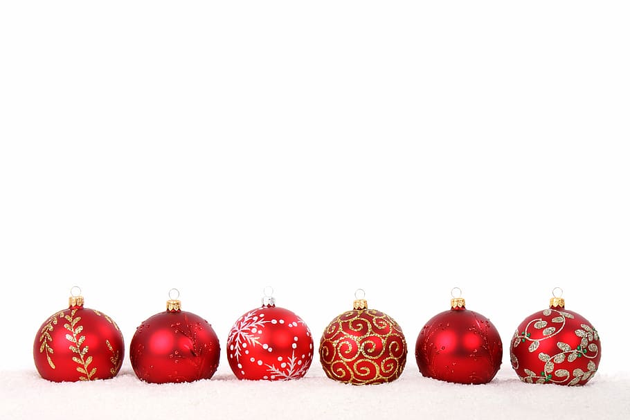 six, red, christmas baubles, background, ball, bauble, celebration, christmas, decoration, glass