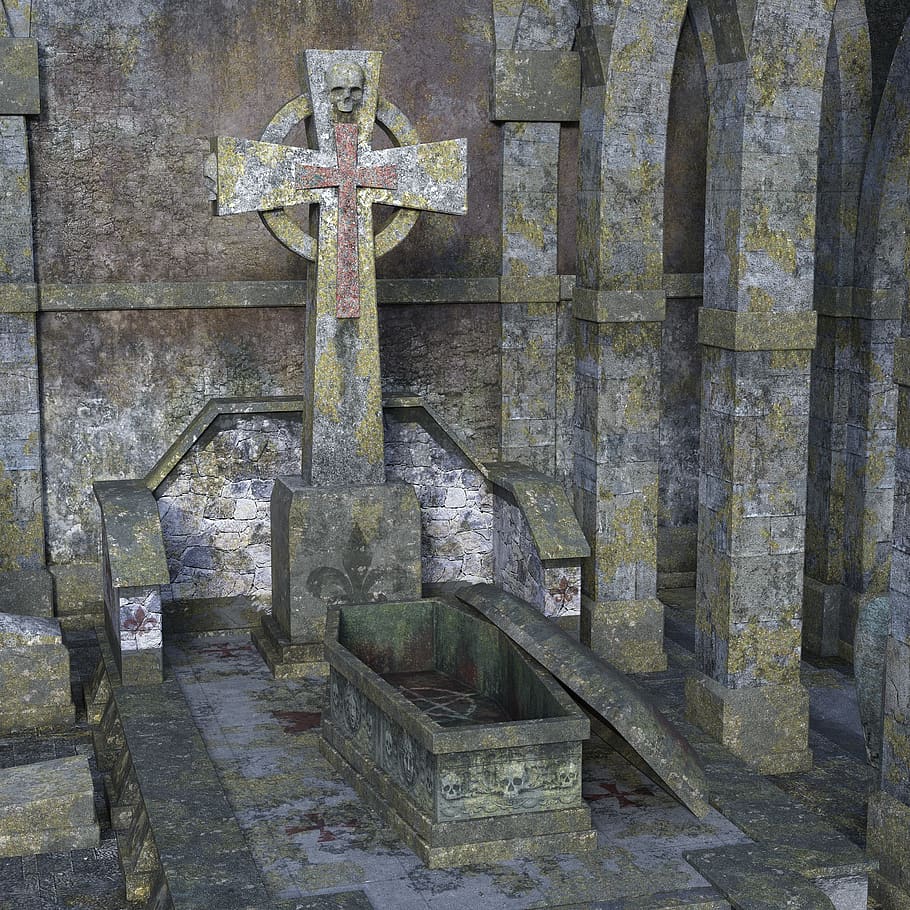 chapel, empty tomb, church, lost places, grave, gravesite, skull, cross, lapsed, ruin