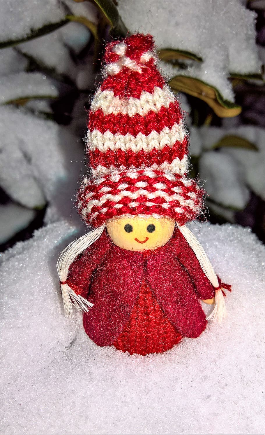 red, dress doll, snow, winter, christmas time, imp, girl, baby doll, cute, tinkered