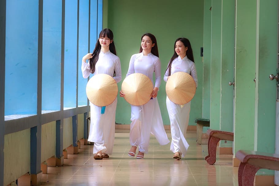 three, women, wearing, white, long-sleeved, dresses, vietnam, costume, cone, girl