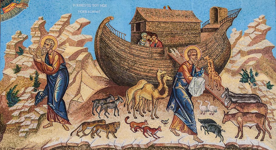 marrón, azul, noah, pintura de arca, arca de noé, mosaico, iconografía, iglesia rusa, religión, ortodoxa