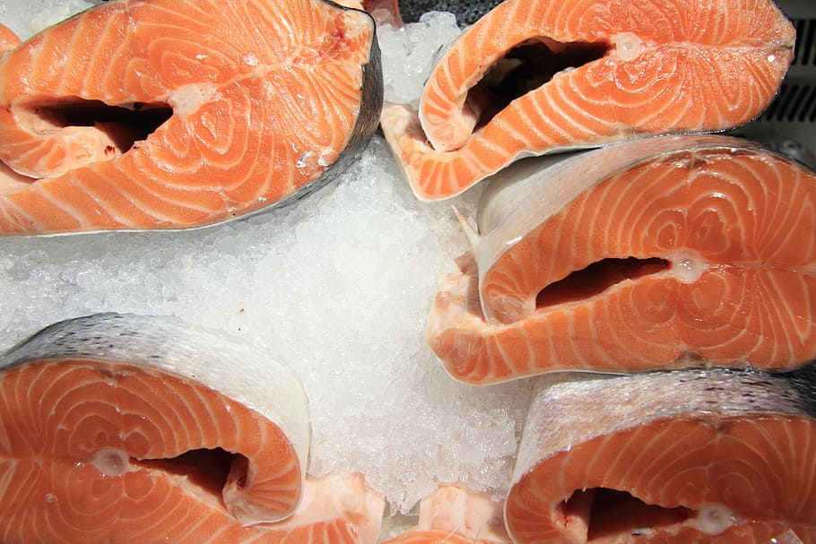 sliced, raw, salmon fish meat, ice, latvia, riga, central, market, food, fish