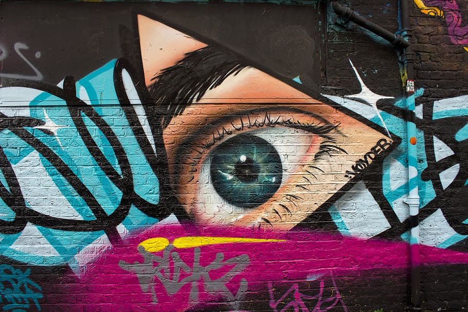 grafiti, seni dinding, siang hari, seni jalanan, london, shoreditch, eastend, jalan, jalur bata, seni
