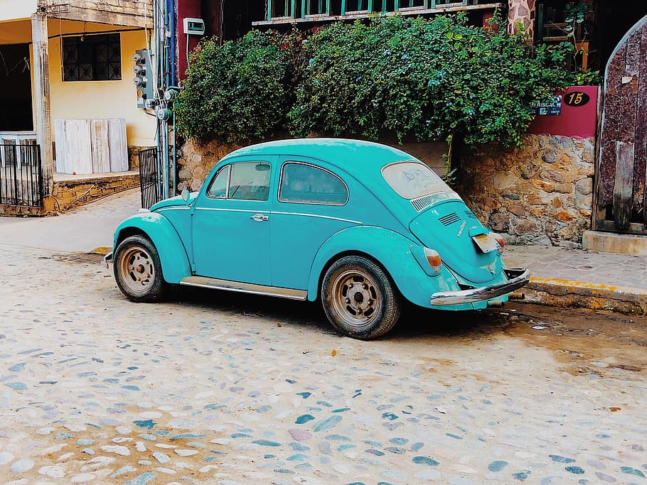 vintage, Volkswagen, Beetle, blue Volkswagen Bettle, mode of transportation, car, land vehicle, transportation, motor vehicle, architecture