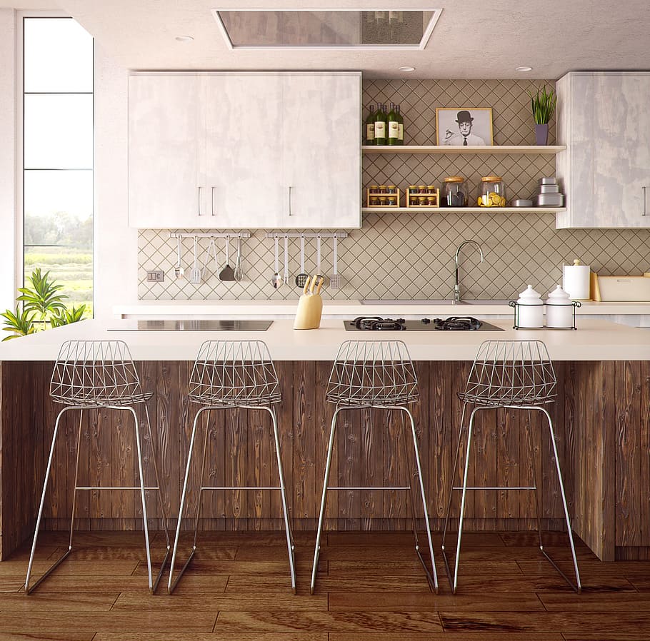 four, gray, bar stools, kitchen table, architecture, interior, furniture, kitchen, render, 3d