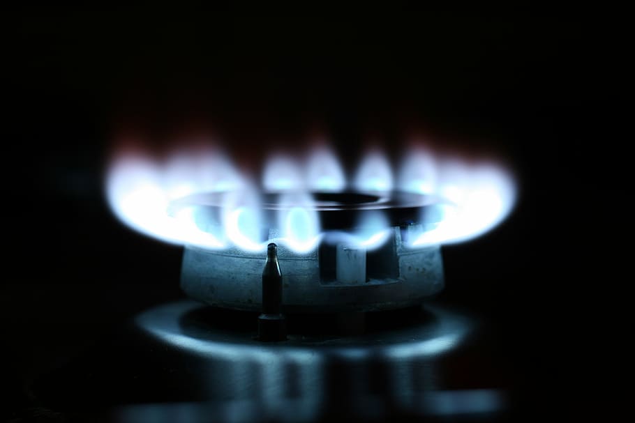 lighted gray stove, gas, stove, burner, photography, shallow, focus, shot, fire, flames