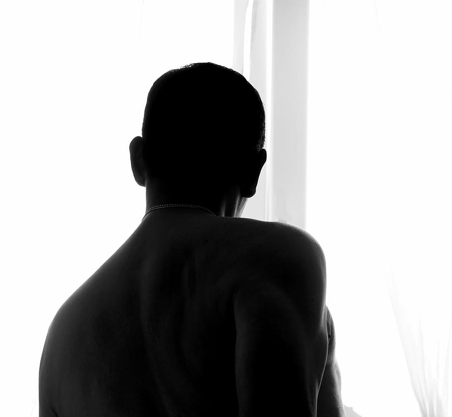 man, silhouette, black and white, male, emotion, rear view, one person, indoors, shirtless, lifestyles