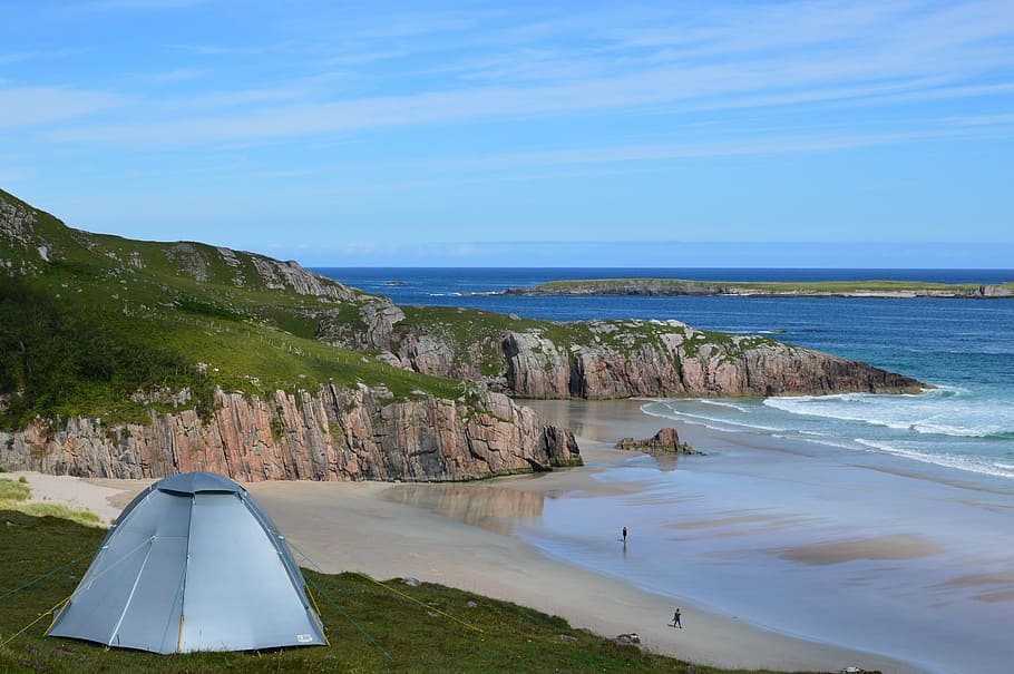 gray, dome tent, green, grass, sea, scotland, camping, beach, wild camping, north coast 500
