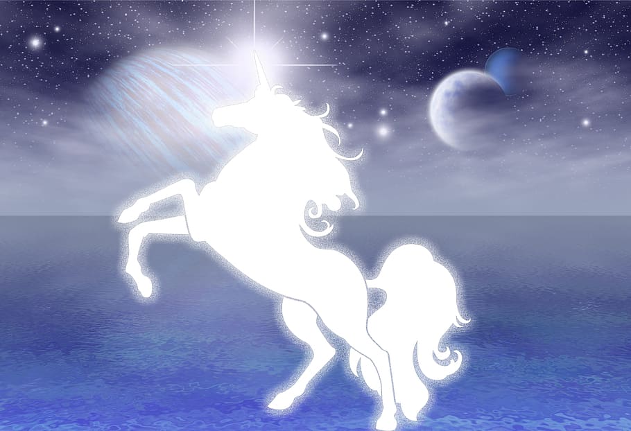 white unicorn illustration, planet, star, space, universe, celestial body, light, fantasy, starry sky, fantasy picture