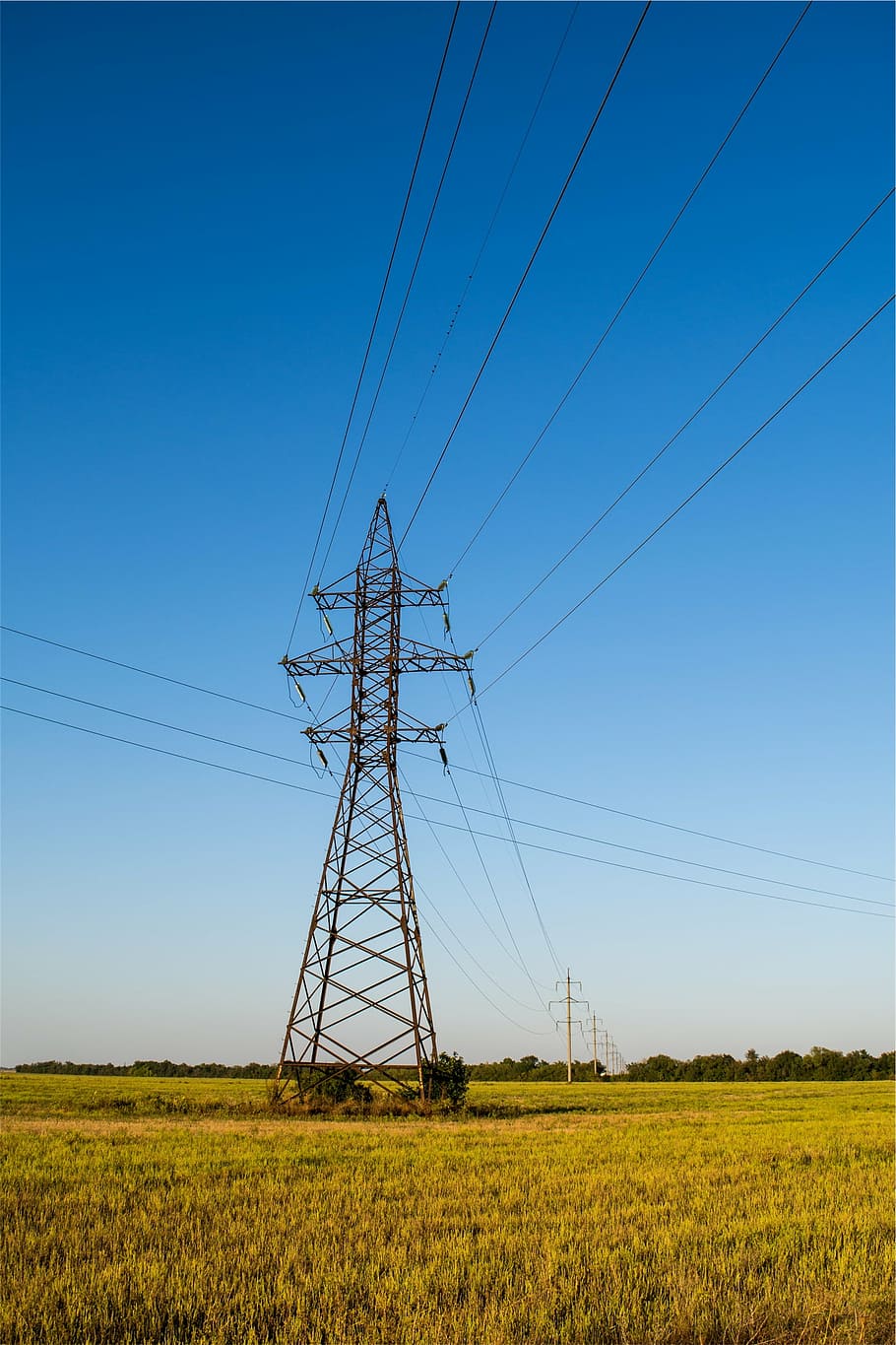 transmission tower, grass field, black, steel, pylon, green, grass, field, daytime, power lines