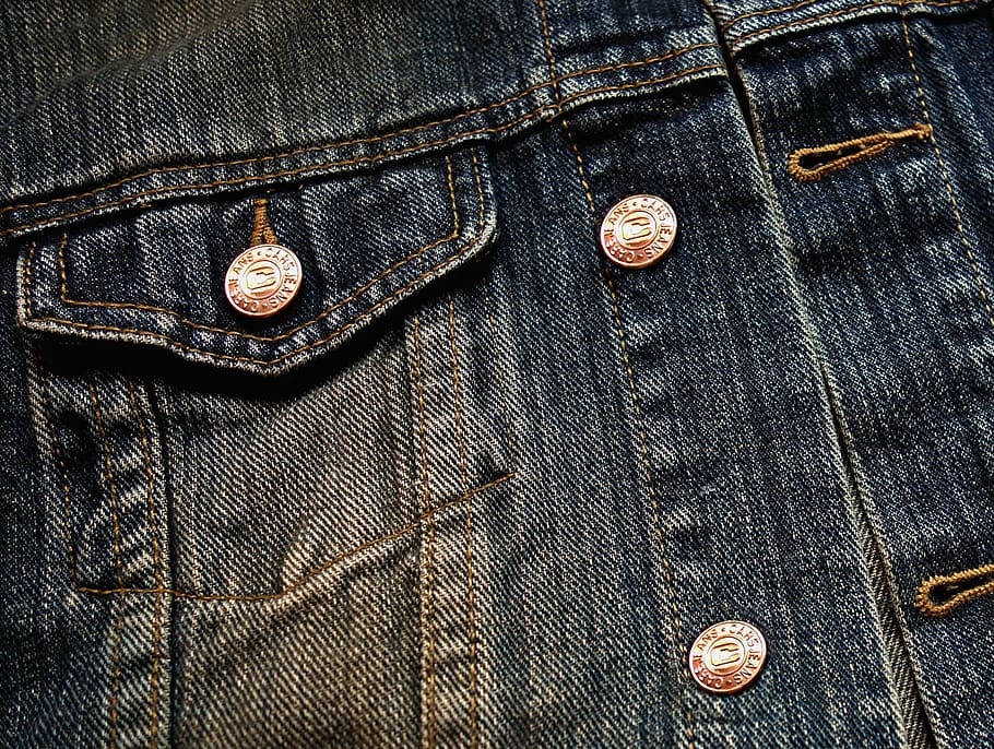 close-up photo, grey, denim button-up jacket, denim, fabric, jacket, jeans buttons, button, button hole, garment