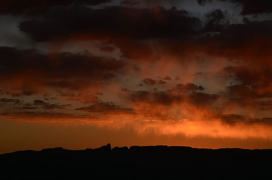 silhouette photo, hill, horizon, sunset, landscape, rocks, silhouettes, dusk, evening, twilight