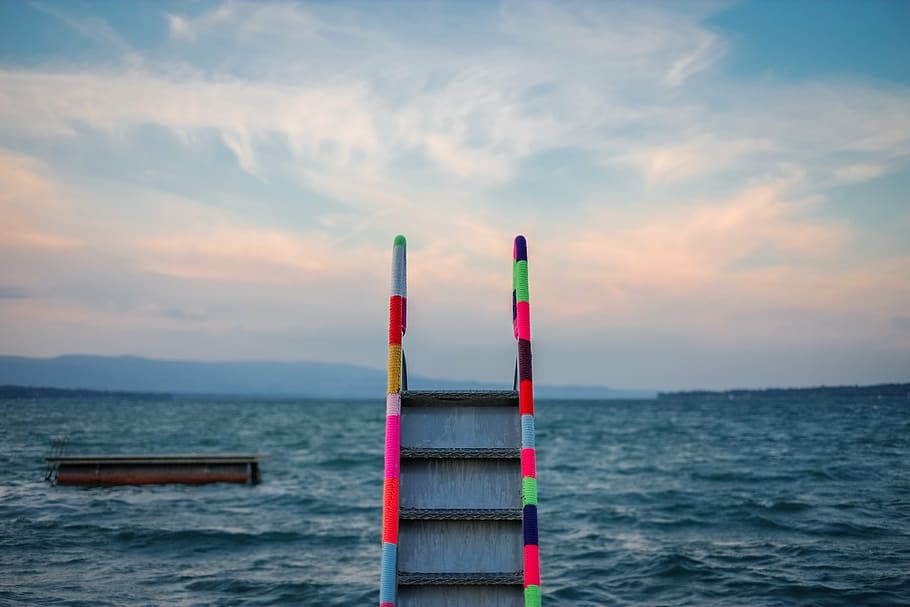 gray, multicolored, ladder, body, water, neon, pool, blue, sea, daytime