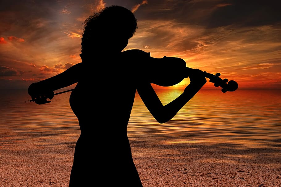 fotografia de silhueta, mulher, piano, violinista violinista, música, som, violino, atmosfera, humor, sol