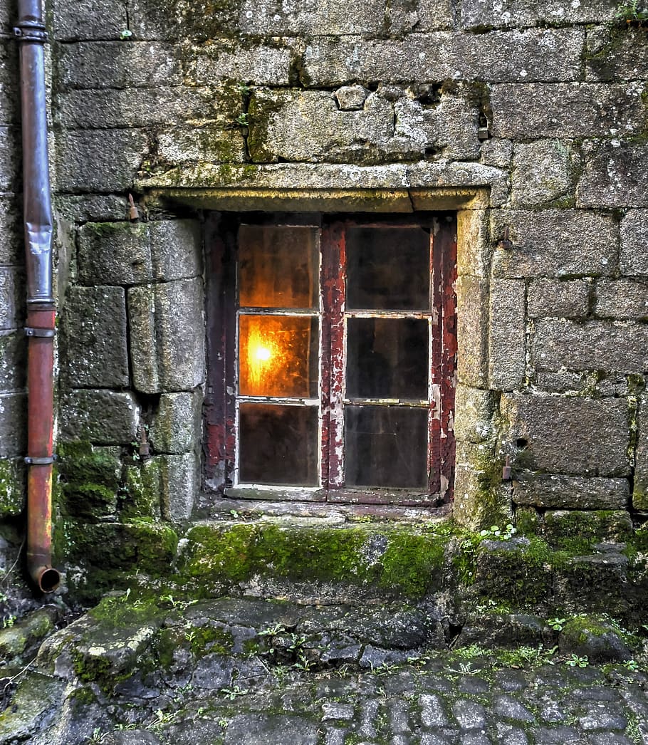 glass 6- panel window, 6-panel, brown, frame, daytime, window, former, light, glass, old